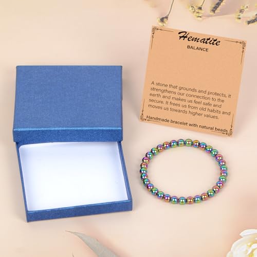 LPBeads Handmade Natural Gemstone Stretch Elastic Bracelet Healing Crystal Round Stone Beads Jewelry Gifts for Women Men - color: Rainbow Coated Hematite, size: 6mm