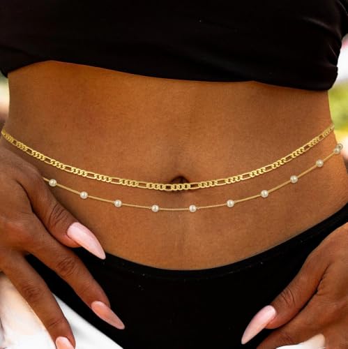 MFRYK 2PCS 14K Gold Plated Waist Chain Layered Pearl Cuban Beaded Satellite Figaro Belly Body Chain Boho Beach Waist Chains For Women Adjustable Waterproof Sexy Bikini Body Chain Jewelry For Women - style: Pearl Figaro Layered-Gold