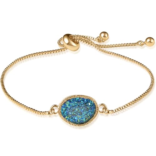 Humble Chic NY Simulated Druzy Chain Bracelet for Women - Boho Stackable Adjustable Bolo Slider Bracelet - color: Gold - Blue Green Stone