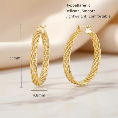 Gold Hoop Earrings for Women 14K Gold Earrings for Women Thick Large Earrings Gold Huggie Earring Womens Lightweight Hypoallergenic - color: Twisted Gold