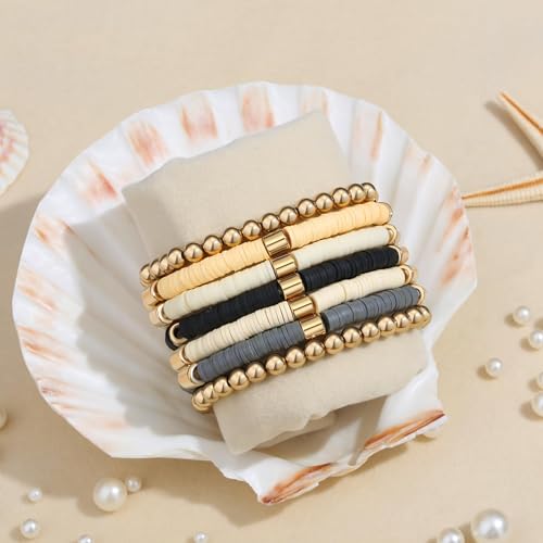 XIANNVXI 7pc Heishi Clay Bead Bracelets for Women Gold Plated Beaded Bohemian Stackable 6.8In Stretch Bracelets Elastic Layering Friendship Jewelry Boho Gift Set - color: Surfer