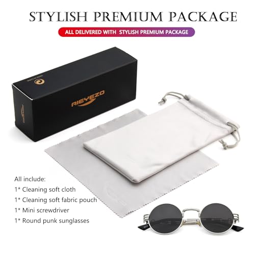 AIEYEZO Round Steampunk Sunglasses for Men Women Retro Circle Hippie Glasses Metal Frame 100% UV Blocking Lens - color: Silver/Grey