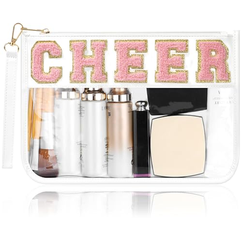 BuyCard Cheer Chenille Letter Bags Clear Makeup Bag, Cheerleader Gifts Cosmetic Bag, Varsity Preppy Patch Flat Pouch Cheer Accessories, Waterproof PVC Organizer Toiletry Bag for Women Girls White - color: White-Cheer