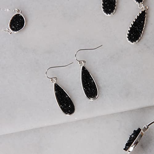 Teardrop Dangle Earrings for Women with Simulated Druzy Stones, in Gold or Rose Gold Tone - color: Silver - Black Stone