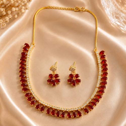 JewarHaat Indian Bollywood Necklace Set AD CZ Elegant Gold Plated Multi Stones Sparkling Crystals Choker with Earrings Fashion Jewellery for Women & Girls - color: Maroon