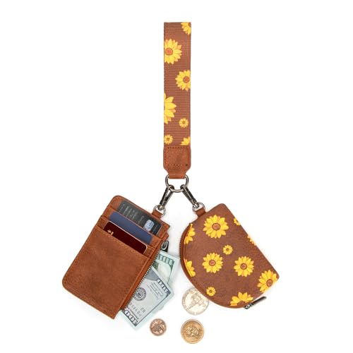 Wrangler KeyChain Wristlet Wallets for Women Sunflower Floral Dual Pouch Wristlet Western Credit Card Holder Wallet with Zipper Pocket - color: Sunflower Brown