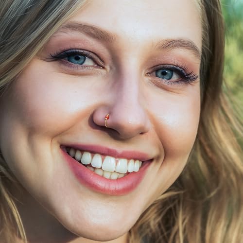 925 Sterling Silver & 14K Gold Filled Nose Ring Hoop Handmade Piercing Jewelry For Women - 24 Gauge 2mm,7mm Tiny Nose Ring with Opal - Gift Ready - color: Red Opal Gold