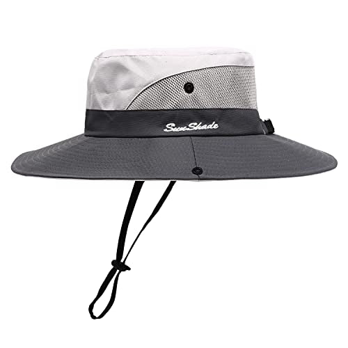 Womens Summer Sun Hat Beach Hat Wide Brim Outdoor UV Protection Hat Foldable Cool Mesh Ponytail Bucket Hat - color: Light Grey-grey