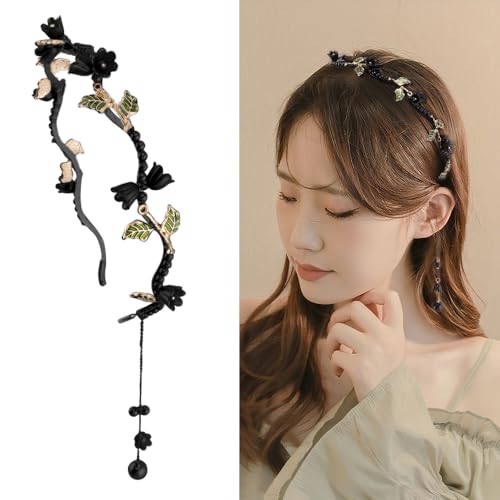 AHONEY Black Flower Headband Crown for Women Girls Dark Fairy Hair Accessories Gothic Headpiece Hair Vine Leaf Headband - color: Black