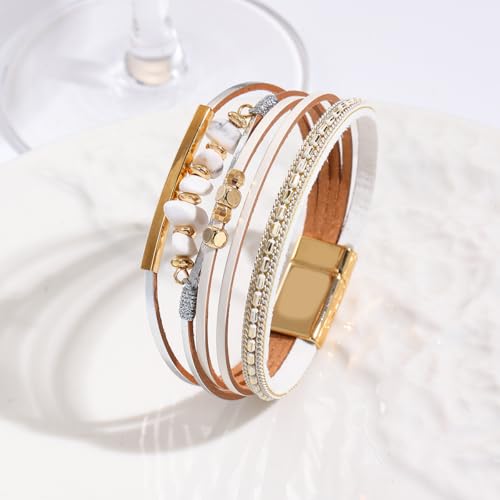 Turquoise Leather Wrap Bracelet for Women Cross Boho Beaded Stack Wrap Cuff Bracelets Stackable Crystal Bangle With Gold Silver Bohemian Jewelry Gift - color: white
