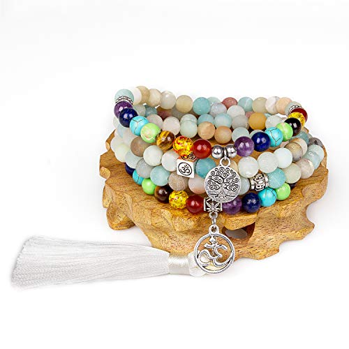 108 Mala Beads Necklace 7 Chakra Buddhist Prayer Beaded Bracelet Tree of Life Pendant Stone Yoga Necklace - color: Tassel-Amazonite