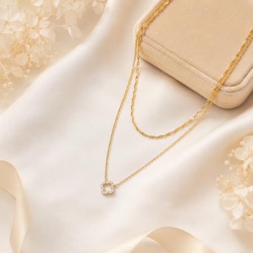 Dainty Gold Necklaces for Women Trendy Non Tarnish 14K Gold Plated Cubic Zirconia Necklace Layered Simple Cute Four Leaf Clover Choker Jewelry Birthday Gifts - color: Gold, style: Layered Small CZ