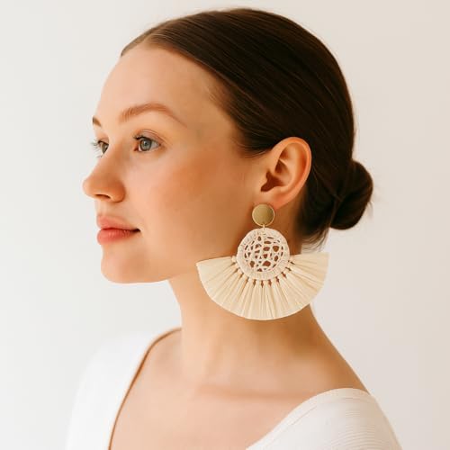 Boho Raffia Summer Beach Earrings for Women, Large Statement Dangle Drop, Lightweight Handmade Woven Fan Tassel Jewelry - color: Royal Blue