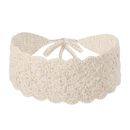 ZLYC Women Floral Headband Handmade Crochet Knit Vintage Hair Bands (Plain Ivory White) - color: Plain Ivory White