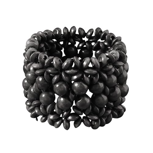 Boho Wide Chunky Colorful Wooden Thick Shell Elastic Stretch Bracelet Handmade Bohemia Summer Beach Vacation Adjustable Lightweight Wood Wristband Jewelry for Women - color: black