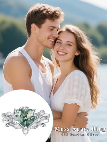 Natural Moss Agate Ring for Women 925 Sterling Silver Pear/Oval/Kite/Heart/Hexagon/Emerald/Coffin Cut Green Leaf Moss Agate Engagement Ring Promise Bridal Set Anniversary Birthday Jewelry Gifts - color: Heart Cut Moss Agate