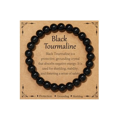 Gnamy Healing Crystal Bracelet for Women, Natural Stone Beaded Healing Crystal Bracelet Triple Protection Stress Relief Beads Jewelry Birthday Gifts Jewelry for Her - style: Black Tourmaline