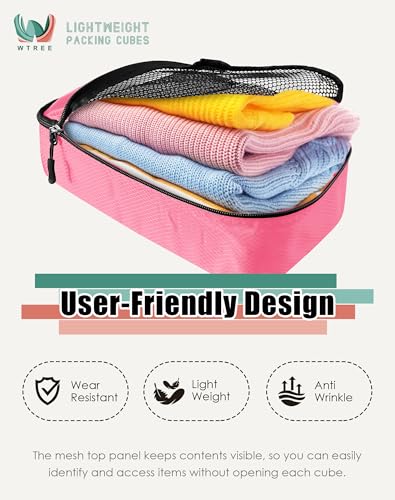 WTREE 4-Piece Packing Cubes Travel Accessories Set for Suitcases - Luggage Organizer Bags with Double Zipper - Mesh Top - Small/Medium/Large/Slim - Pink - color: Pink, size: Slim, Small, Medium, Large