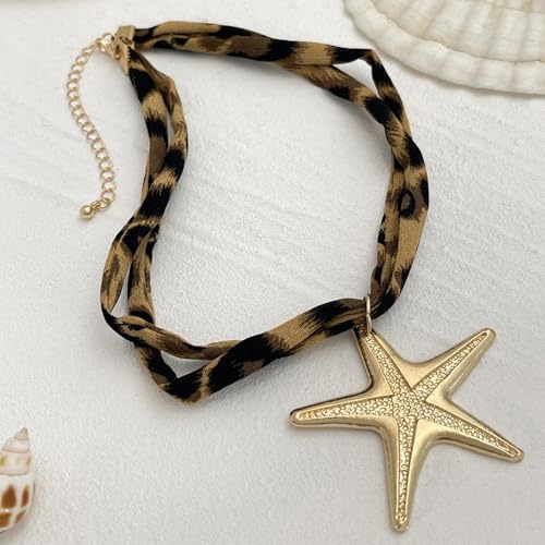 Scarf Necklace with Charm Gold Starfish Chunky Cross Heart Flower Pendants Bandana Charm Necklace Western Scarf for Women Boho Cowgirl Country Cowboy Accessories Beach Vacation Vacation Outfits Jewelry - color: A6-Scarf Necklace With Starfish Charm