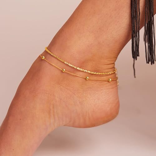 Freekiss Sterling Silver Ankle Bracelets for Women: Dainty Layered Waterproof Anklet for Women Adjustable Womens Anklet Set Stackable Figaro Beaded Cuban Link Anklets Beach Jewelry for Women - color: ANKLET-sparkle glitter+beaded chain-GD