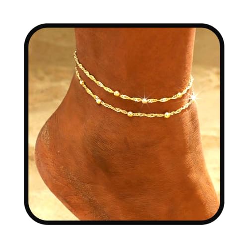 Yalice 925 Silver Ankle Bracelets Chain for Women Dainty 14K Gold Plated Waterproof Beads Anklets Layered Beach Foot Jewelry Gift - color: Gold-Satellite Chain