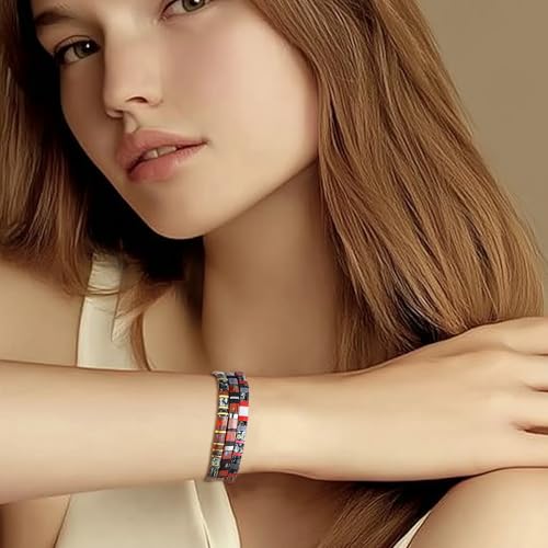 Sonateomber Tila Flat Beaded Stretch Stack Bracelets Set for Women, Trendy Stackable Colorful Glass Square Beads Bracelet Friendship Accessories Jewelry Gift - color: Gold Black Red Gray