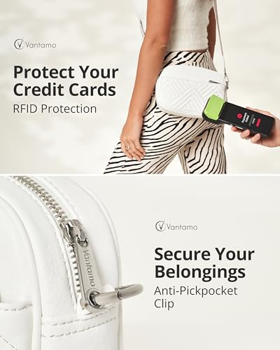 Vantamo Premium Quilted Crossbody Bags for Women with Anti-Pickpocket Clip, Vegan Leather Handbags, Travel Purses for Women - color: White With Jacquard Strap