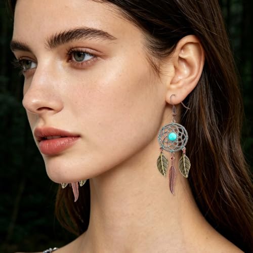 Boho Turquoise Drop Earrings Retro Long Copper Feather Tasse Metal Leaf Dangle Earrings Vintage Country Western Jewelry Cowgirl Ethnic Style Geometric Concert Festival Accessories for Women - color: Dream Catcher Copper