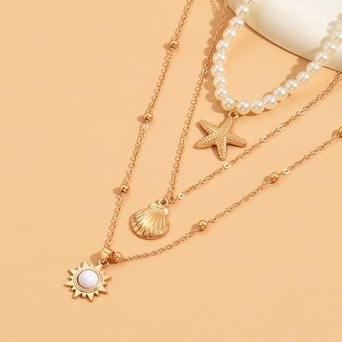 Shell Starfish Necklace for Women Pearl Beach Boho Layered Necklace Charm Accessories Summer Vacation Outfit 2026 - color: B9:starfish shell charm necklace