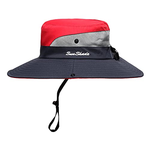 Womens Summer Sun Hat Beach Hat Wide Brim Outdoor UV Protection Hat Foldable Cool Mesh Ponytail Bucket Hat - color: Red-blue