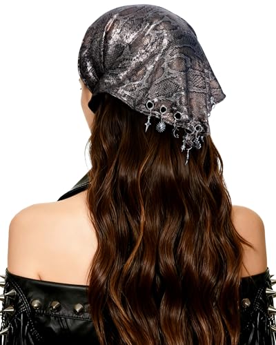 Punk Triangle Head Scarf with Metal Charms - Y2K Sparkly Bandana for Women | Vintage Neck Scarf for Festival Party Concert - color: Snake Black