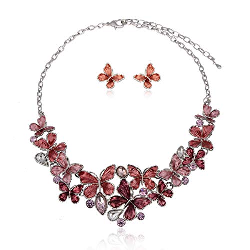 AMYJANE Vintage Statement Jewelry Set - Spring Leaf Flower Floral Plant Necklace Earring Set Crystal Rhinestone Fashion Costume Jewelry for Women Prom Party Unique Gift - style: Butterfly Jewelry Set Red