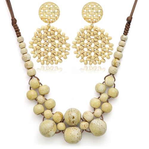 2 Pcs Hippie Boho Colorful Ceramic Beaded Necklace and Earrings Set for Women Adjustable Chunky Round Beads Strand Statement Necklace Colorful Summer Beaded Earrings Bohemian Jewelry Gift - color: Beige