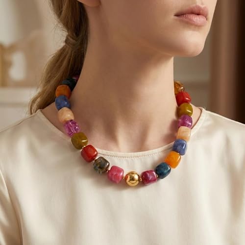 Colorful Beaded Choker Necklace for Women Boho Large Square Acrylic Beaded Necklace Adjustable Surfer Beach Strand Necklces Summer Jewelry Accessories - color: Mixed color