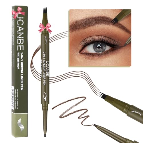 UCANBE Eyebrow Pen, Dual-Ended Eyebrow Pencil with 4-Fork-Tip & Gel Eyeliner for Women, Eye Brow Pen with Gel Eyeliner Pencil, Microblading Eyebrow Pencils with Hair Like Strokes, Dark Brown - color: Dark Brown