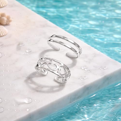 LeCalla 925 Sterling Silver Open Toe Rings Set for Women Adjustable Minimalist Toe Rings Summer Beach Foot Jewelry - color: 03. Duo (2 PCS)