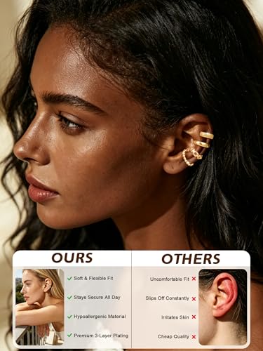 14K Gold/Silver Plated Ear Cuffs Set Dainty Clip Piercing Stack Small Cartilage Hoop Huggie Trendy Tarnish Hypoallergenic Jewelry Gift - style: gold style 15