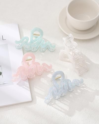 4Pcs Large Hair Claw Clips, Nonslip Cute Jelly Hair Clips for Thick Hair and Long Hair - color: Wave-White + Pink + Blue + Cyan