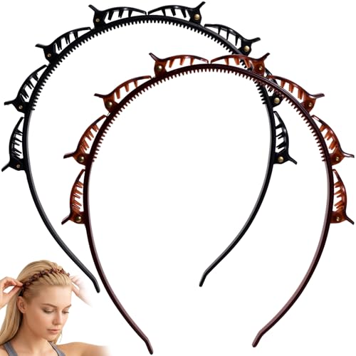 2 Pcs Headband Each with Clips, 90s Butterfly Hair Clips Headband for Women with Teeth, Braided Weave Bangs Clip Non-Slip Hair Bands Accessories for DIY styling Decoration- Black, Dark Brown - color: 1 pcs Black, 1 pcs Dark Brown