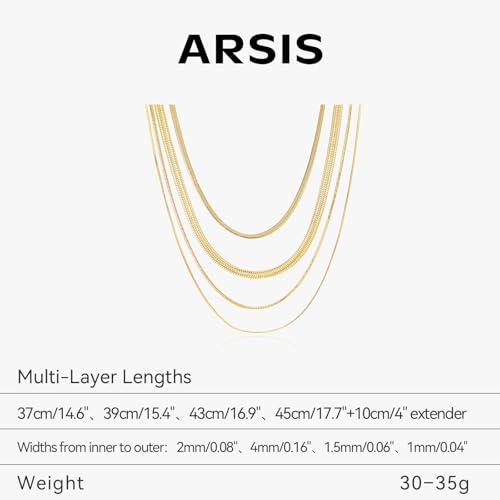 ARSIS 18K Gold Plated Herringbone Necklace Snake Chain Choker Dainty Layered Hypoallergenic Jewelry Gift for Women - color: Gold Multi-Layer