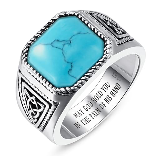 7ct Vintage Teal Turquoise|Emerald|Black Onyx Ring for Men 925 Sterling Silver Men Rings 11mm Square-Cut Mens Cocktail Rings Celtic Pattern Band for Dad Father Size 7-12 - color: Irish Celtic Knot-Genuine Turquoise