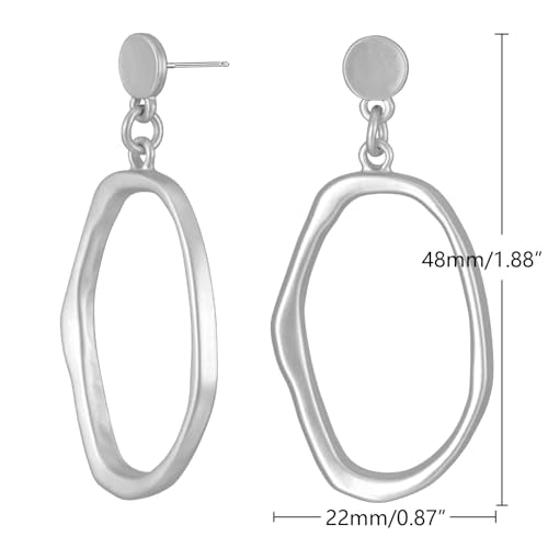 Stud Earrings for Women 14k Gold Plated Geometric Dangle Earrings Lightweight Minimalist Handmade Hammered Texture Oval Disc Drop Double-layer Big Hoop Dangle Earrings for Women - color: Hoop Dangle Silver