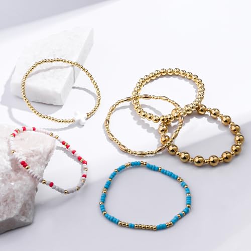 Gold Beaded Bracelets for Women: 14K Gold Bracelets for Women Trendy Dainty Gold Ball Bracelet Stack for Womens - Boho Stretch Bracelets Jewelry Sets with Cross Fashion Accessories Gifts for Women - style: Cream Cross
