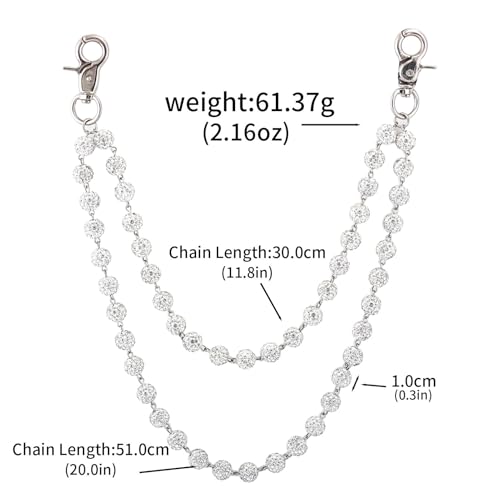 Rhinestone Ball Jeans Chain, Double Layer Crystal Waist Chain, Silver & Blue Sparkly Bling Pants Chain, Hip Hop Belt Chain Accessories for Women Men, Y2K Punk Aesthetic for Party, Festival, Everyday Wear - color: White