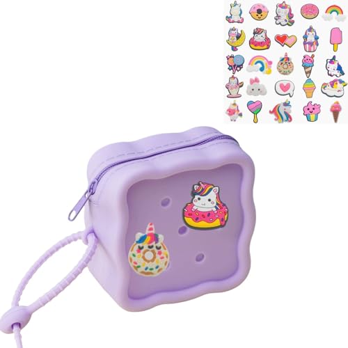 Soft Silicone Zipper Coin Purse Lovely Cartoon Hole Design Miniature Wallet Children's Storage Pouches Organizers For Kid with 25pcs DIY Charms (Purple) - color: Purple