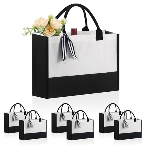 OKBA 6 PCS Personalized Classic Canvas Tote Bag(Black and White),Inside Zipper Pocket Grocery Tote DIY Gift,for Wedding,Birthday,Beach,Perfect Gifts for Women,Mom,Teachers,Friends