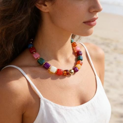 Chunky Beaded Statement Necklace for Women Trendy Colorful Boho Resin Bead Choker Necklaces Summer Handmade Jewelry Gifts Accessories - color: Colorful - 2