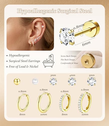 Incaton Hypoallergenic Flat Back Earrings for Women Silver 14K Gold Plated Surgical Stainless Steel Stud Earrings Cubic Zirconia Cartilage Studs Earrings For Multiple Piercing Sensitive Ears - color: J-Gold