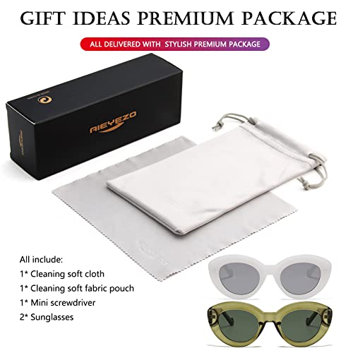 AIEYEZO Oversized Cat Eye Sunglasses for Women Cute Oval Thick Frame Cateye Sun Glasses Chic Retro Style Shades - color: 2 Set (Candy White + Olive Green)