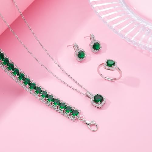 Paxuan 4pcs Cubic Zirconia Wedding Jewelry Sets for Bride Bridesmaid Cubic Zirconia Pendant Necklace Earrings Link Tennis Bracelet Open Ring Set for Women - color: Silver Plated Emeraald Green Cubic Zirconia